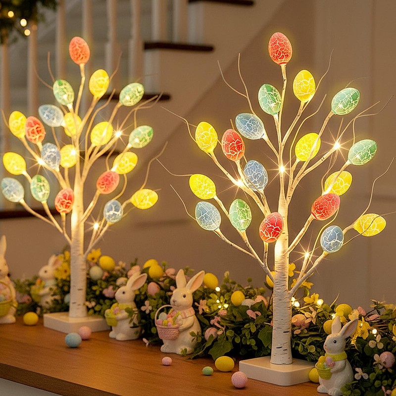 PEIDUO Easter Decorations, 2 Pcs Lighted Easter Tree 36 Eggs, Battery Powered