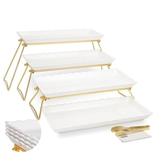 Extra Large 4 Tier Serving Tray Set, 34x22x10 inch Wave Edge Melamine Gold