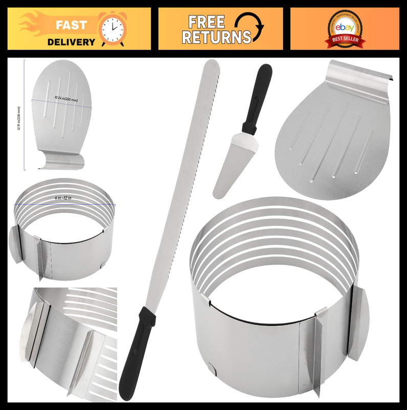 4 PCS Adjustable Cake Cutter Leveler Set, Stainless Steel Cake Ring Mold & Lifte