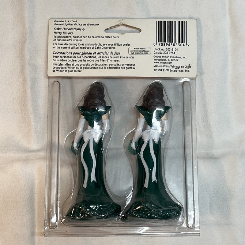 NOS 2 Vintage Wilton Bridesmaid Cake Toppers Figurines 4.5" Tall Green gallery