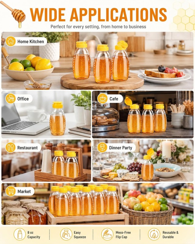 24 PCS 8 oz Plastic Honey Squeeze Bottles Small Jars Container Sauces Syrup gallery