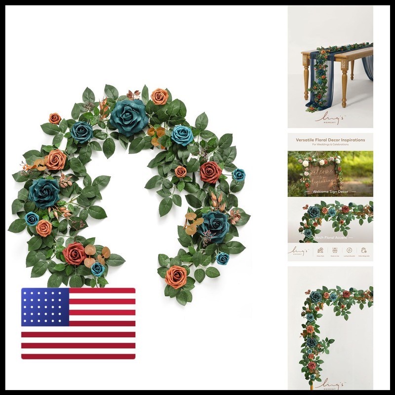 Ling’S Moment Lings Moment 5Ft Teal Blue Artificial Flower Garland Burnt Orange