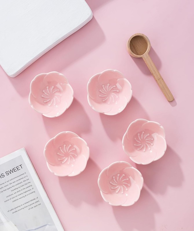 Jusalpha 5 PC Pink Cherry Blossom Ceramic Sauce Dish, Seasoning Dish, Sushi S... gallery