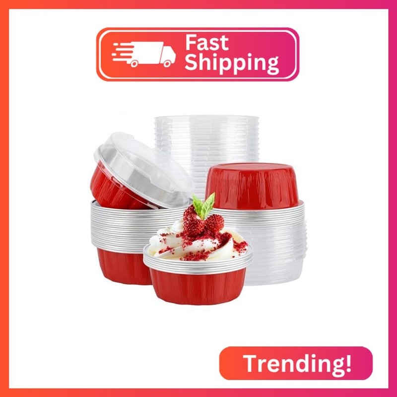 EUSOAR Mini Pie Pans with Lids, 25pcs 9oz Red Disposable Ramekins Cupcake Liners