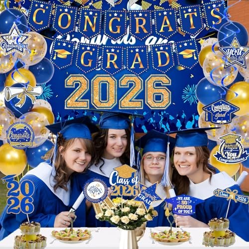 Blue and Gold Graduation Decorations 2026 with Congrats Grad Banner, gallery