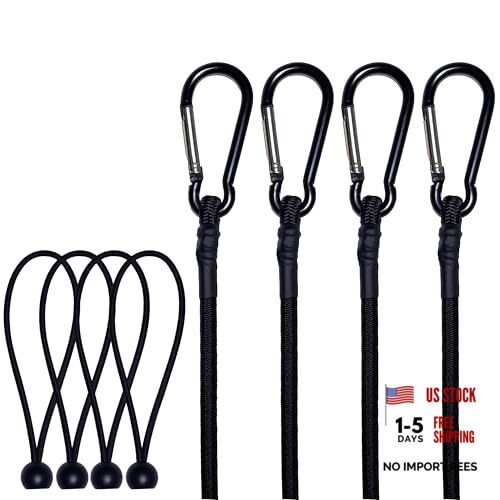 Bungee Cords with Carabiner Hooks, with 4pcs 6″ Bungee Cords 24″ Black
