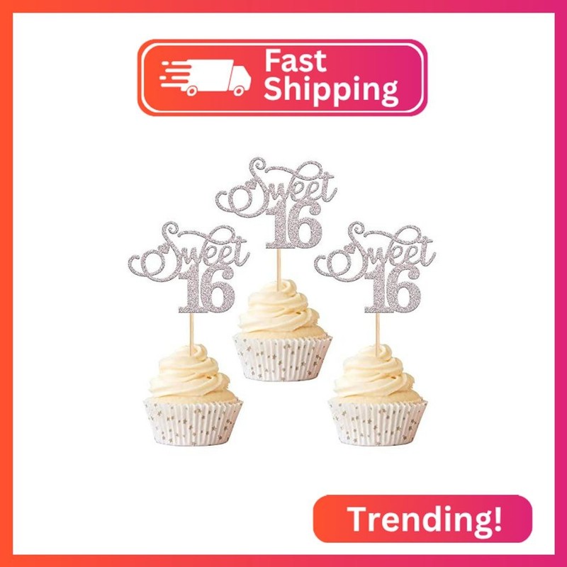 Rsstarxi 30 Pack Sweet 16 Cupcake Toppers Glitter Love Heart Sixteen Years Old C