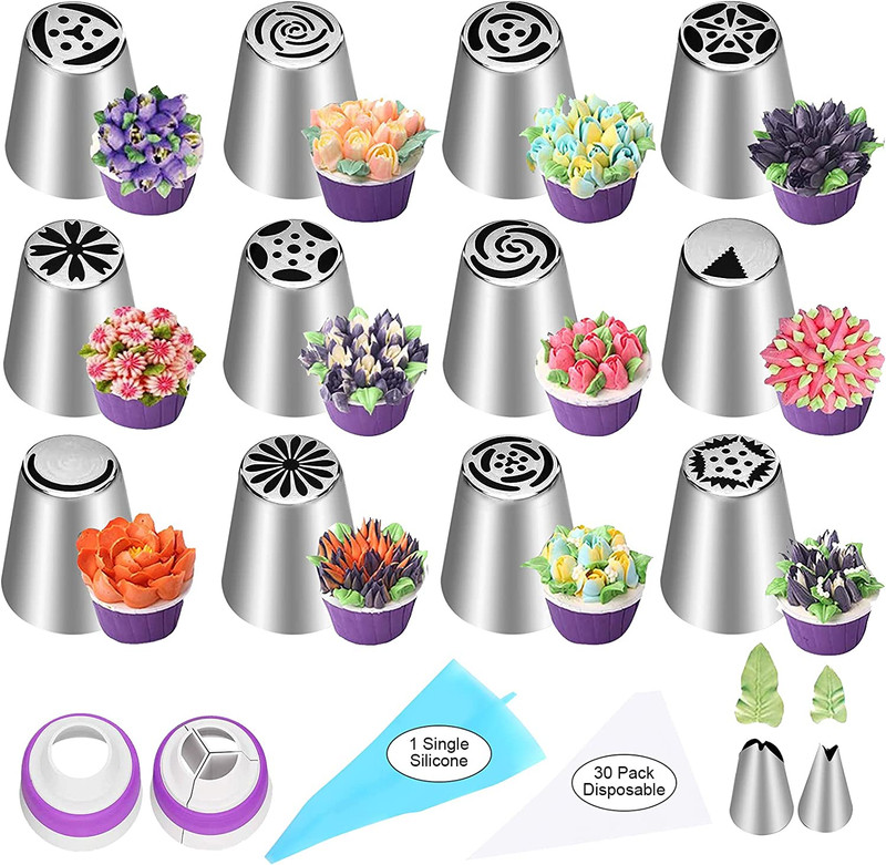47 Pcs Russian Piping Tips Set, 12 Flower Frosting Nozzles Icing Tips for Cake D gallery