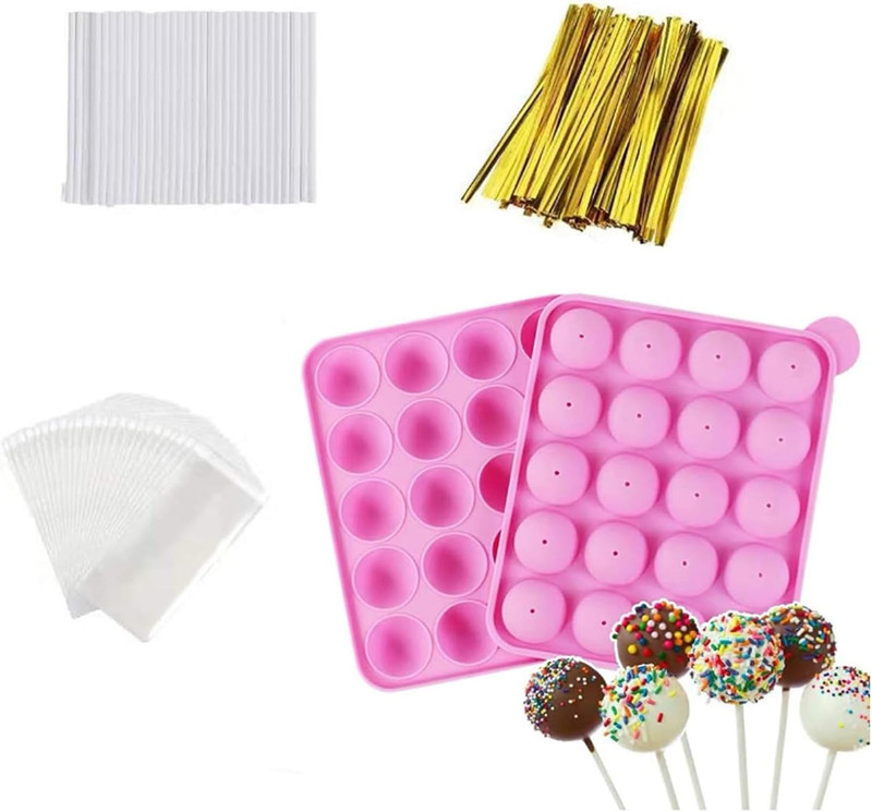 20-Cavity Silicone Cake Pop Mold Set with Lollipop Sticks, Treat Bags, Twist Tie