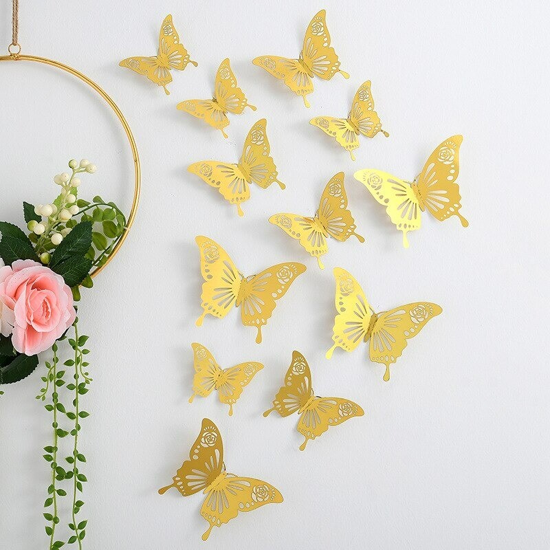 12PCS Gold New 3D Butterfly Cake Topper Metal Texture Wedding Cake Decorations