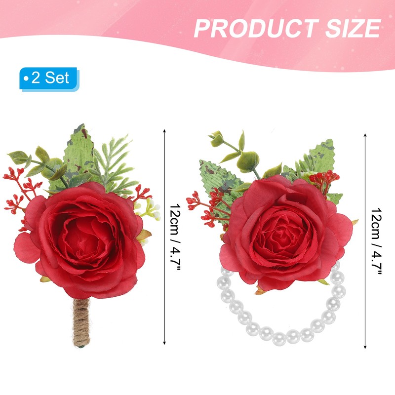 4 Pcs Rose Wrist Corsage and Boutonnieres Set, Wedding Flower Wristlet Dark Red gallery