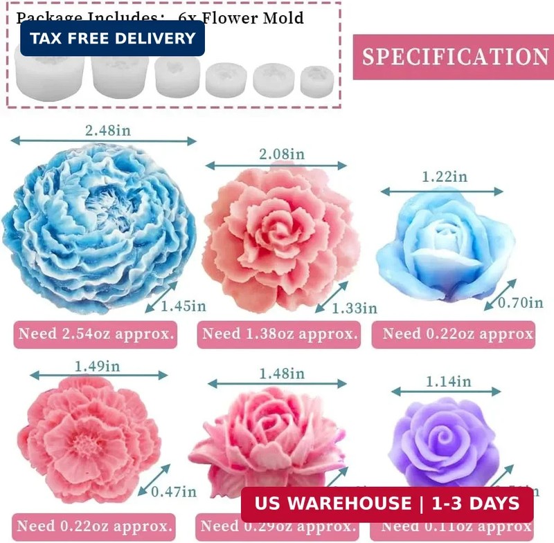6PCS Flower Silicone Mold Set, 3D Bloom Rose Peony Fondant for Chocolate Cake De gallery