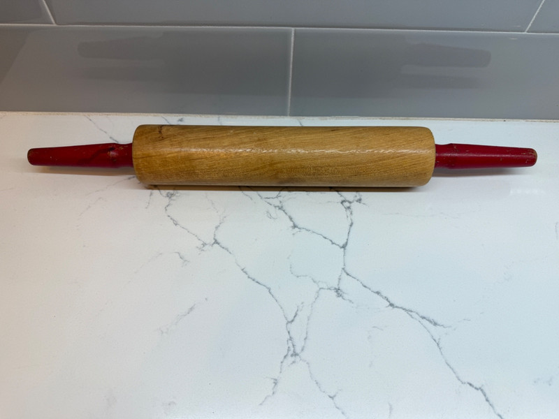 Wooden Rolling Pin Red Handle 1970s Farmhouse Country Primitive Large 17-1/4”