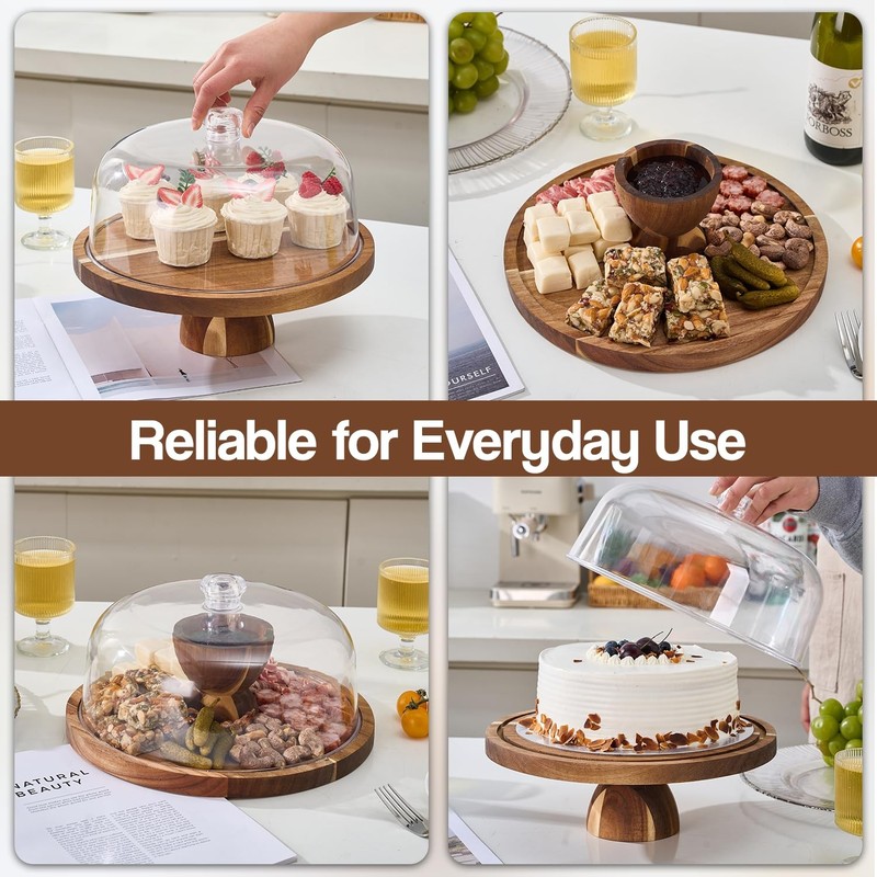 Acacia Wood Cake Stand with Lid – 12 Inch Round Dessert Holder, 2-in-1 Cake S... gallery