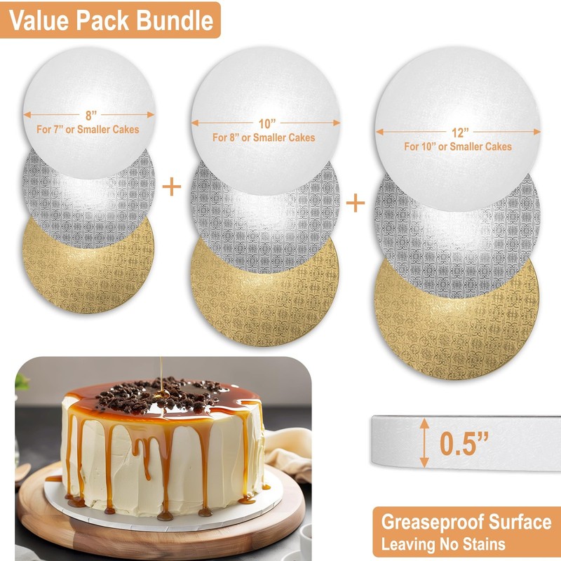 9 Pack 8 10 12 inch Cake Drums White Silver Gold 1/2 Thick Round gallery
