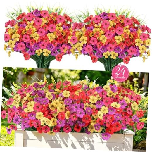 24 Bundles Realistic Fake Flowers for Outdoors, No Fade Faux 24PCS Mix Color