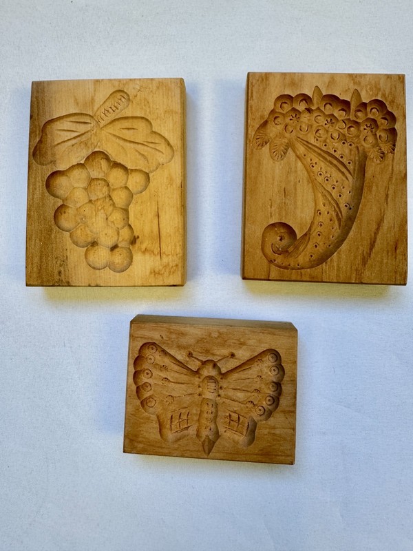 Vintage Wooden Cookie Molds Set Grapes Cornucopia Butterfly Baking Press Carved