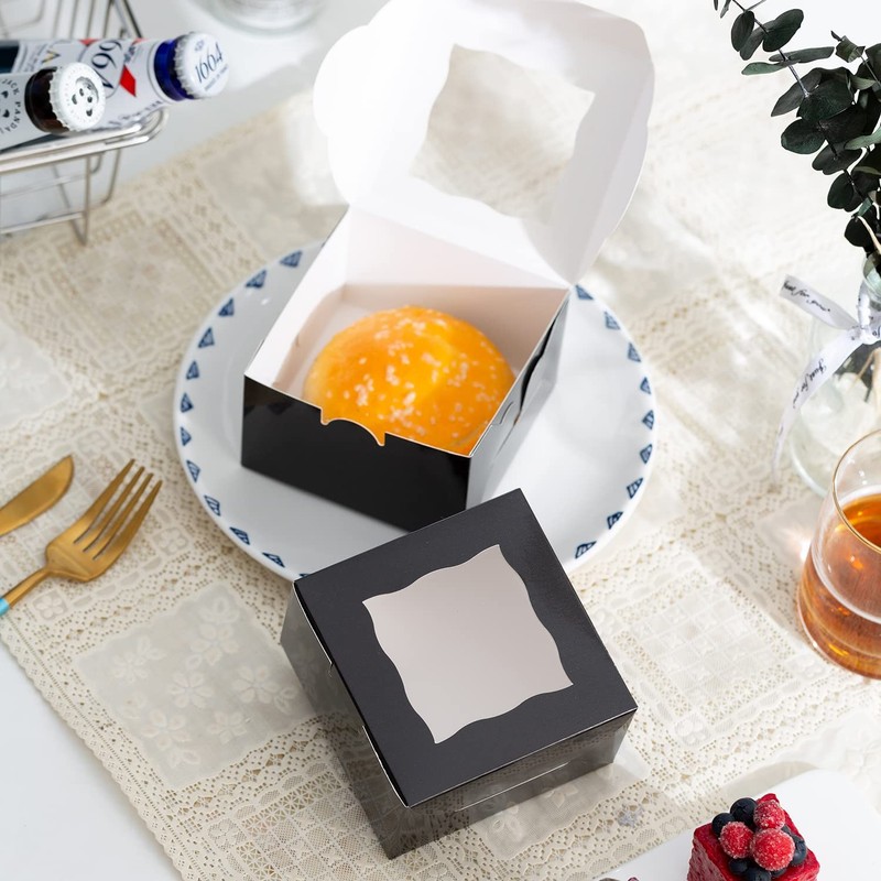 100 PCS Paper Cookie Boxes Window Small Bakery Cake Black 4x4x2.5 Inch Treat gallery