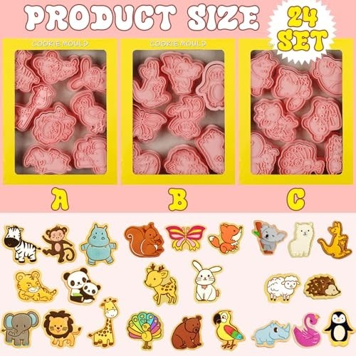 24 Pcs Animal Cookie Cutters Set with Plunger Stamps - 3D Lion & More for Kids B gallery