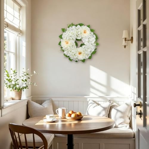 Artificial Hydrangea Wreath for Front Door, 20 Inch Faux Hydrangea Peony White gallery