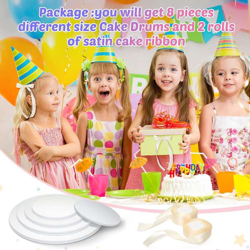 8 Pieces Cake Drums Boards round Sturdy Cake Drum with 2 Pieces Satin Ribbon for gallery