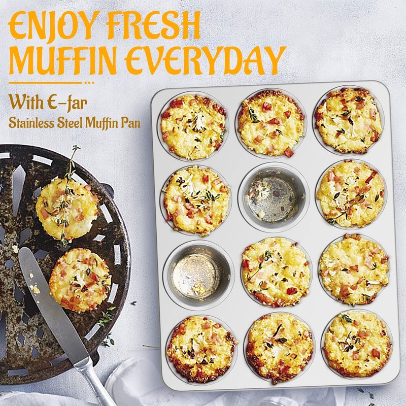 E-far Muffin Pan 12-Cup, Set of 2, Stainless Steel 13.7”x10.4”x1.25”, Silver gallery