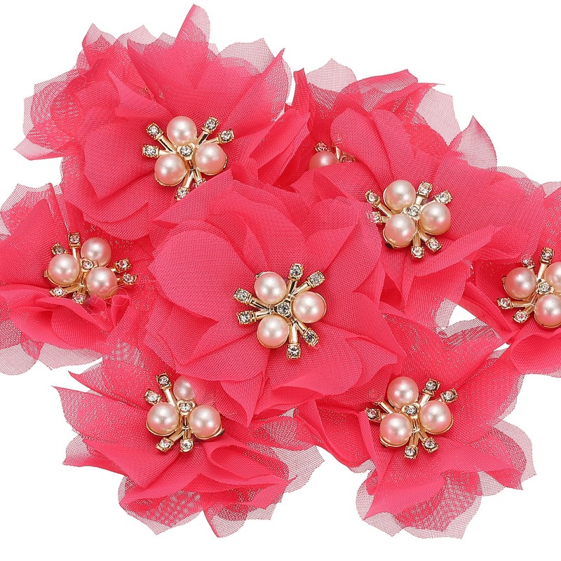 2.36 Inch Rhinestone Chiffon Flower, 10 Pcs Fabric Appliques, Rose Red