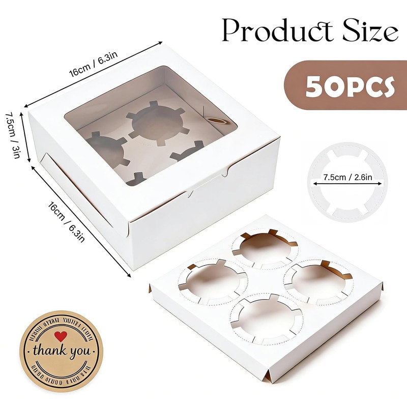 50 PCS Cupcake Boxes, 6.3 x 6.3 x3 Inch Cookie Boxes with Window, Kraft Paper... gallery