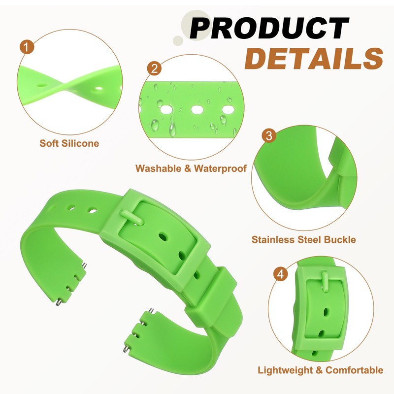12mm Silicone Watch Strap with Spring Bar and Plastic Buckle, Light Green gallery