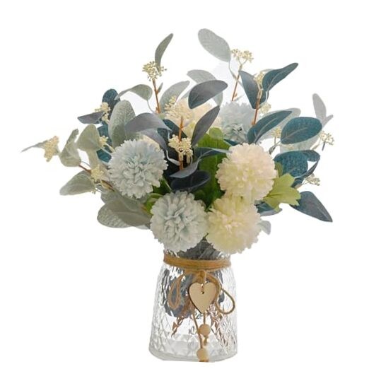 Artificial Flowers with Vase, Faux Flower Arrangement with White+blue