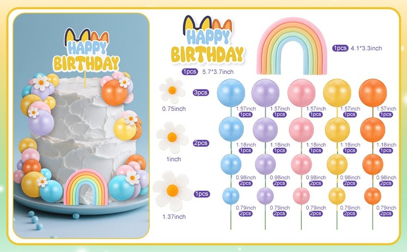 38 Pcs Rainbow Cake Topper with Daisy Balls Cake Topper, Pastel Cupcake Toppers gallery