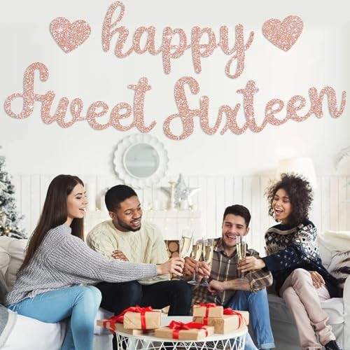 Rose Gold Glitter Happy Sweet 16 Birthday Banner, Pre-Strung Glitter rose gold gallery