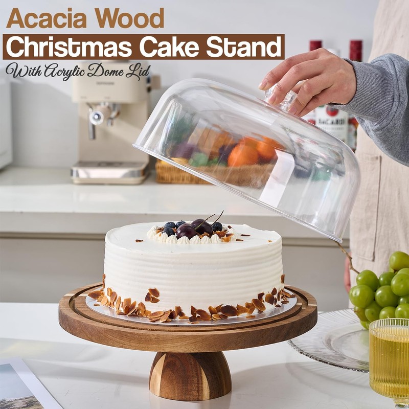 Acacia Wood Cake Stand with Lid – 12 Inch Round Dessert Holder, 2-in-1 Cake S... gallery