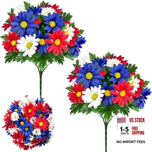 44 Heads Artificial Red White and Blue Flowers, 2 Bouquets UV Resistant