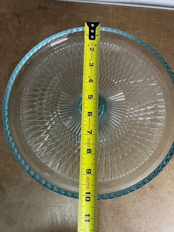 Blue Pressed Glass Pedestal Cake Stand Beaded Edge Retro Round Dessert Tray gallery