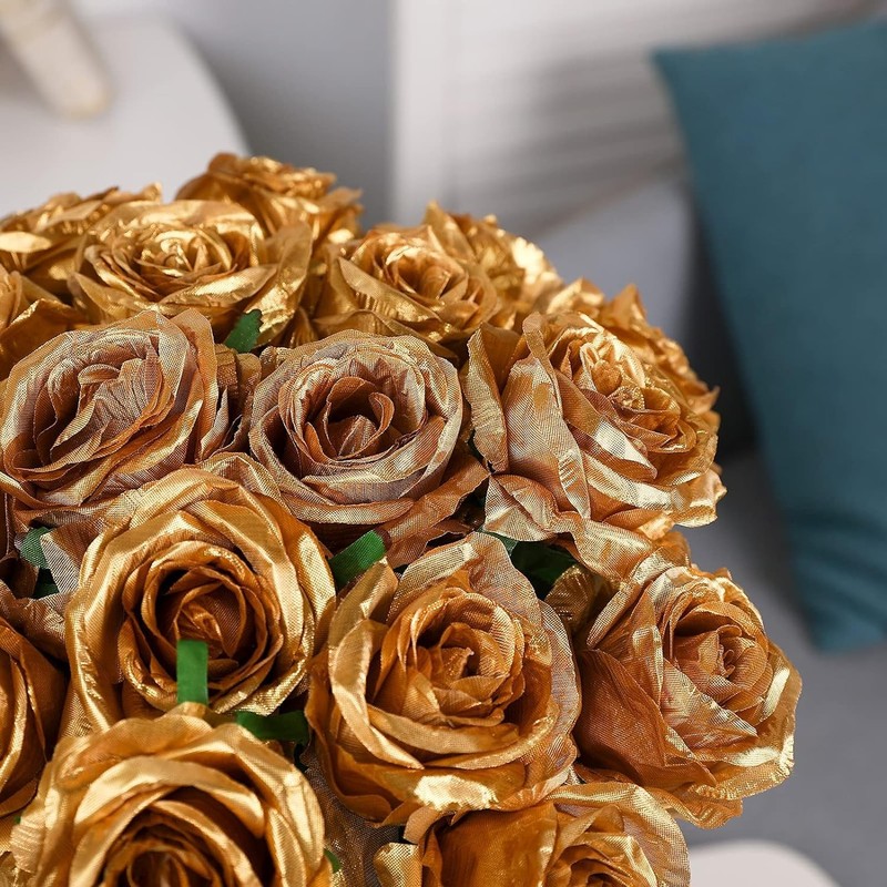 FLORRALIA 16PCS Gold Artificial Silk Roses Flowers - Realistic Fake Rose Bouquet gallery