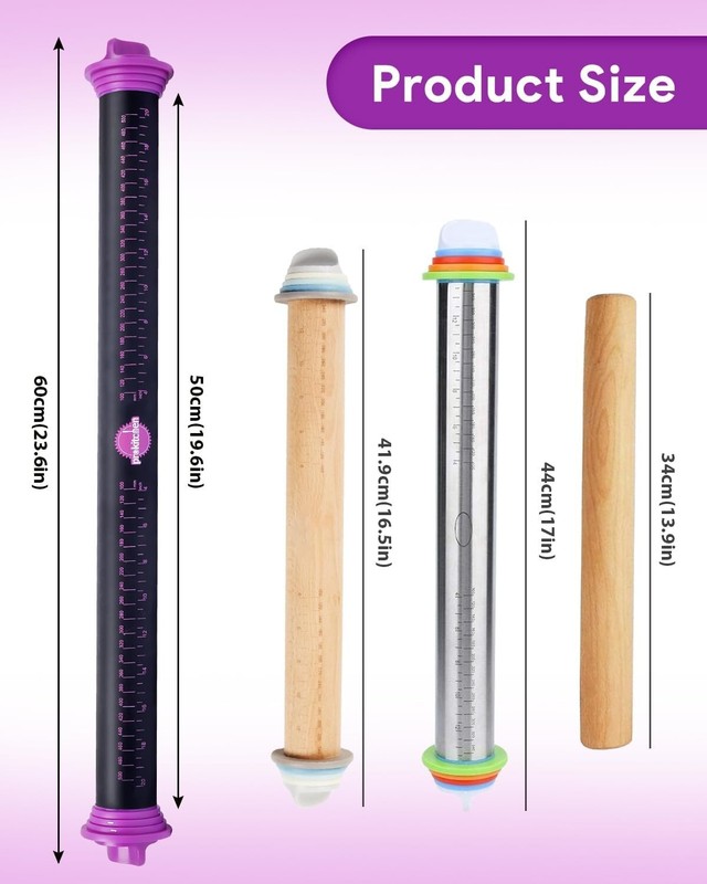 23.6-Inch Silicone Rolling Pin with Adjustable Thickness Rings – Purple Elegance gallery