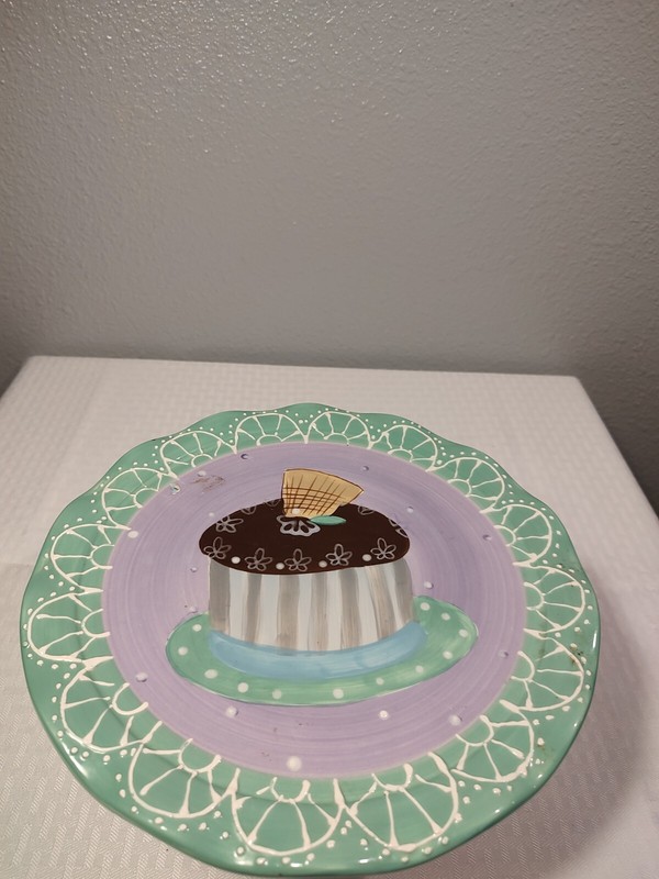 MESA INTERNATIONAL CAKE/DESSERT PEDESTAL TEAL/LAVENDER WITH LACE DESIGN 10"W 6”H gallery