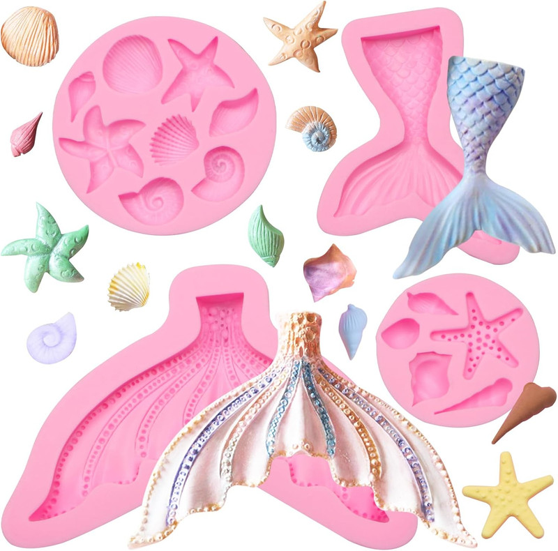 Marine Theme Fondant Molds 4 Pcs, Mermaid Tail Seashell Conch Starfish Baking Ch