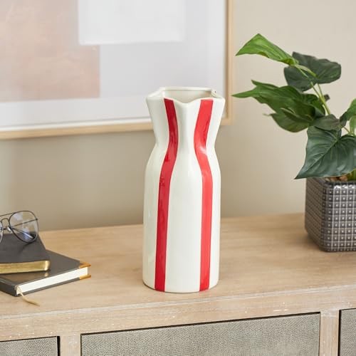 Ceramic Decorative Vase Round Centerpiece Vase with Red 5" x 5" x 12" White gallery
