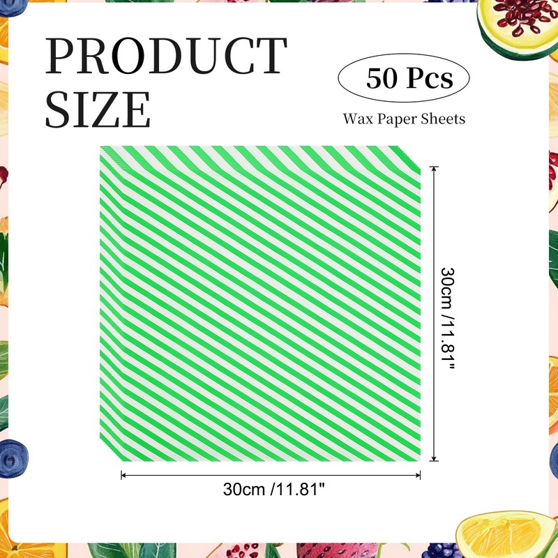 50 Pack Wax Paper Sheets, 11.8" x 11.8" Square Stripes Wrapping Paper, Green gallery