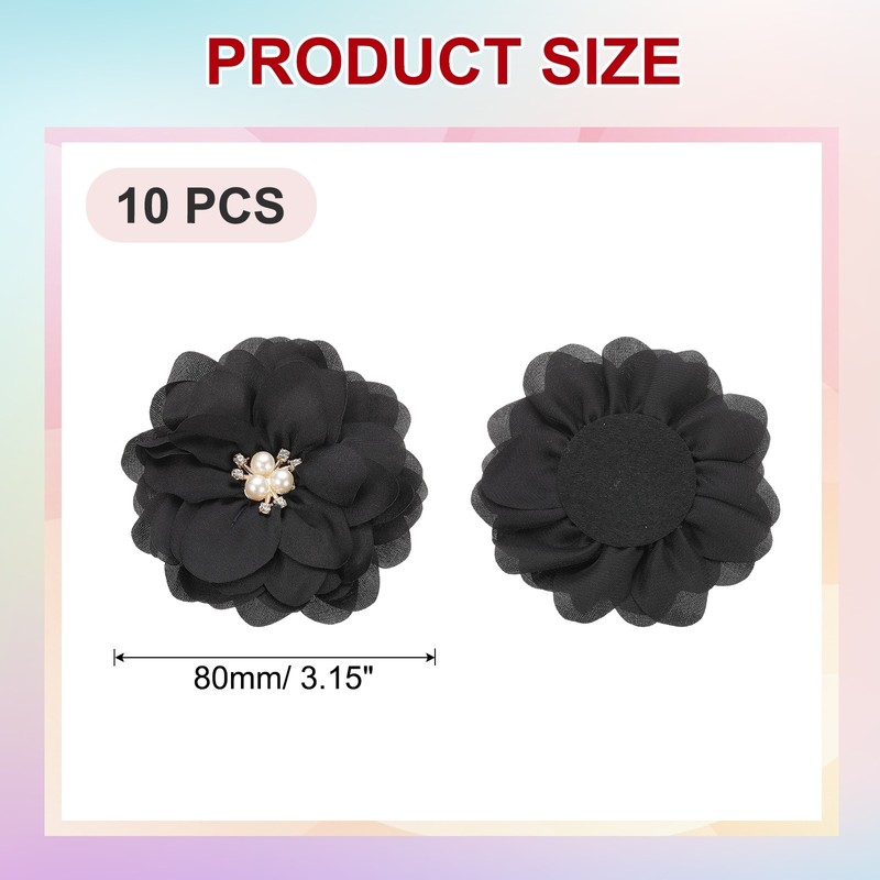 10Pcs 3.15 Inch Rhinestone Chiffon Flower Fabric Appliques Black gallery