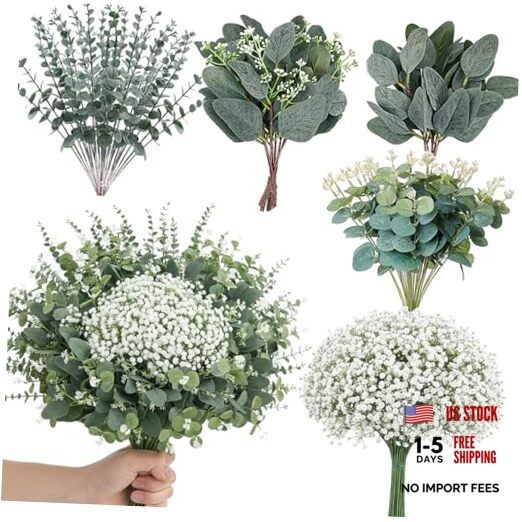 120 Pcs 5 Mixed Eucalyptus Greenery Stems Artificial Baby Breath Flowers-120