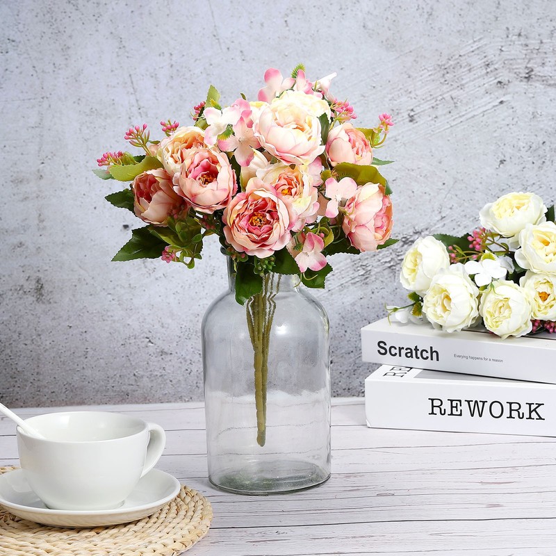 6 Branch Artificial Silk Peony Hydrangea with Stem, 2 Pack Fake Flowers, , White gallery