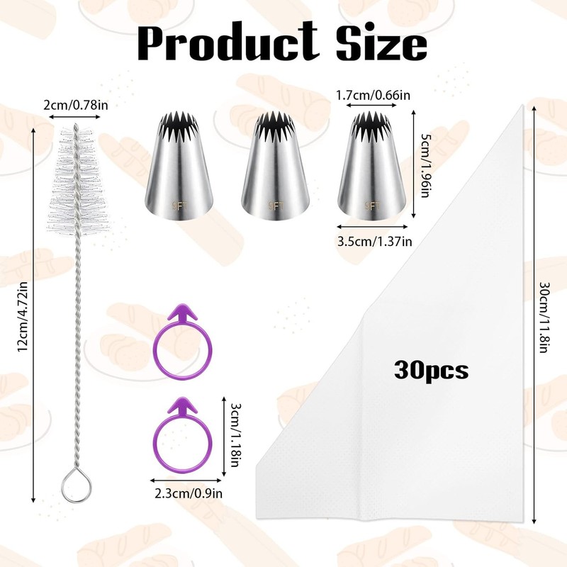 3Pcs Large Churro Piping Tips & Bags Set Stainless Steel 9FT Pastry Tip W/ 20Pcs gallery