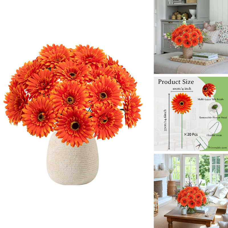 Fousuka 20 Pcs Fake Silk Gerbera Daisy Artificial Flowers Stems Faux Daisies