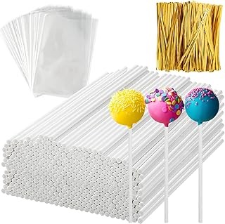 600Pcs Lollipop Stick, 6IN Cake Pop Sticks with Clear Treat Bags & Gold Twist Ti