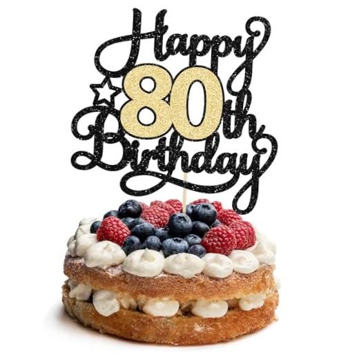 1Pc Happy Birthday Cake Topper Black Gold Glitter Cheers to 80 Years Cake 80th