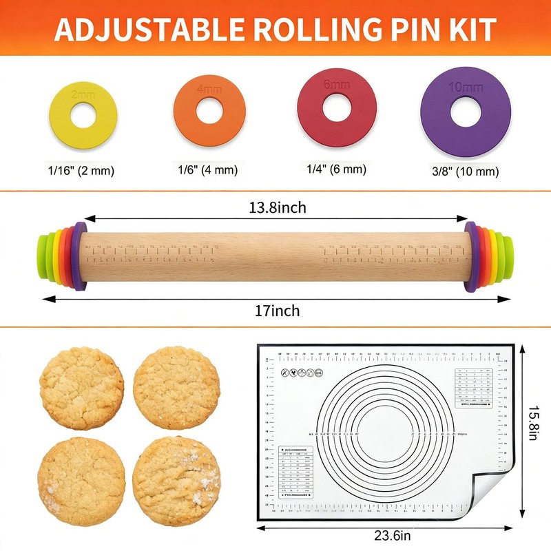 Rolling Pin With Thickness Rings, Adjustable Wooden Rolling Pin Set, 17 inch ... gallery