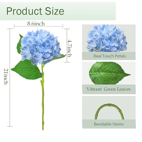 21" Real Touch Hydrangea Artificial Flowers with Stems - Fake Silk - 3 Pcs Blue gallery